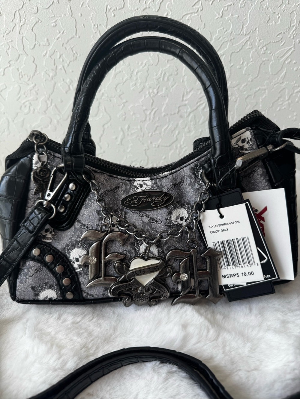 Ed Hardy Black and Grey Skull-Print Mini Satchel